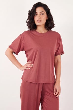 Lela Yumuşak Dokulu Bisiklet Yaka Lastikli Bel Kısa Kollu Pijama Takımı Bayan PİJAMA TAKIMI 65720102 KİREMİT