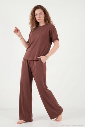 Lela Yumuşak Dokulu Bisiklet Yaka Lastikli Bel Kısa Kollu Pijama Takımı Bayan PİJAMA TAKIMI 65720102 KOYU KAHVE