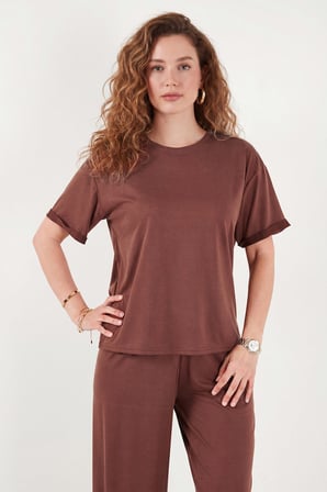 Lela Yumuşak Dokulu Bisiklet Yaka Lastikli Bel Kısa Kollu Pijama Takımı Bayan PİJAMA TAKIMI 65720102 KOYU KAHVE