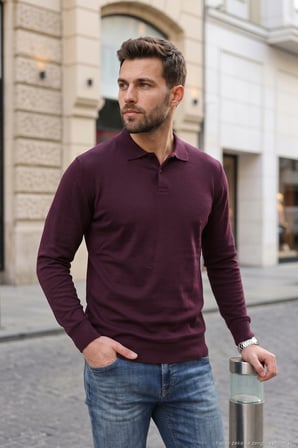 Buratti Pamuklu Regular Fit Yumuşak Dokulu Düğmeli Polo Yaka Kazak Erkek POLO YAKA KAZAK 5906103 BORDO