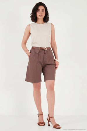 Lela Pamuklu Loose Fit Pileli Kemerli Bermuda Şort Bayan ŞORT 668YP5439 AÇIK KAHVE