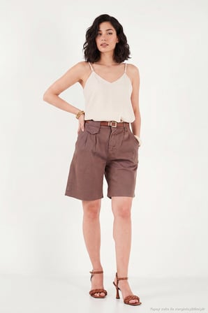 Lela Pamuklu Loose Fit Pileli Kemerli Bermuda Şort Bayan ŞORT 668YP5439 AÇIK KAHVE