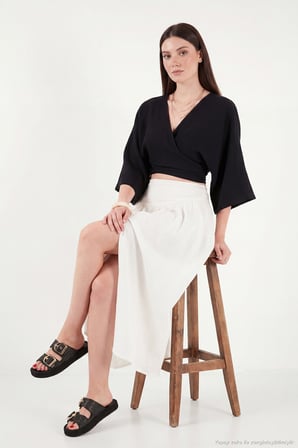 Lela Pamuklu Regular Fit Bağlamalı Crop Kimono Bayan KİMONO 668YL2783 SİYAH