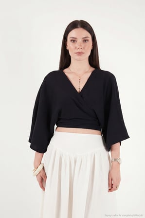 Lela Pamuklu Regular Fit Bağlamalı Crop Kimono Bayan KİMONO 668YL2783 SİYAH