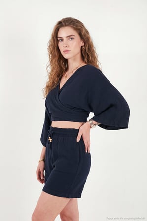 Lela Pamuklu Regular Fit Bağlamalı Crop Kimono Bayan KİMONO 668YL2783 LACİVERT