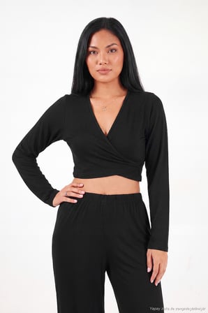 Lela V Yaka Kruvaze Bağlamalı Crop Üst ve Jogger Alt Pijama Takımı Kadın PİJAMA TAKIMI 65780019 SİYAH