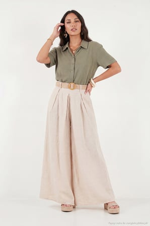 Lela Keten Rahat Kalıp Yüksek Bel Kemerli Pantolon Bayan PANTOLON 145M39916 TAŞ