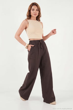 Lela Pamuklu Relaxed Fit Yüksek Bel Geniş Paça Pantolon Bayan PANTOLON 668YP5559 KAHVE