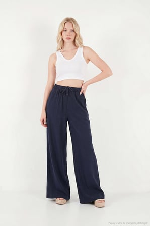 Lela Pamuklu Relaxed Fit Yüksek Bel Geniş Paça Pantolon Bayan PANTOLON 668YP5559 LACİVERT