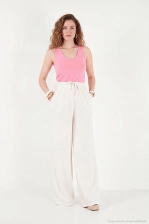 Lela Pamuklu Relaxed Fit Yüksek Bel Geniş Paça Pantolon Bayan PANTOLON 668YP5559 EKRU