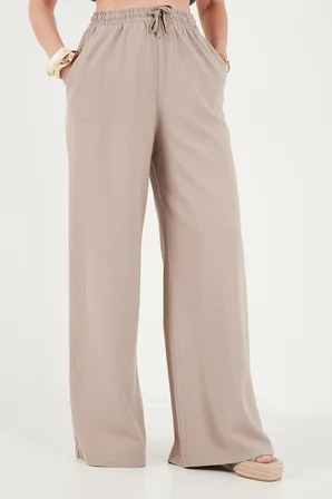 Lela Pamuklu Relaxed Fit Yüksek Bel Geniş Paça Pantolon Bayan PANTOLON 668YP5559 TAŞ