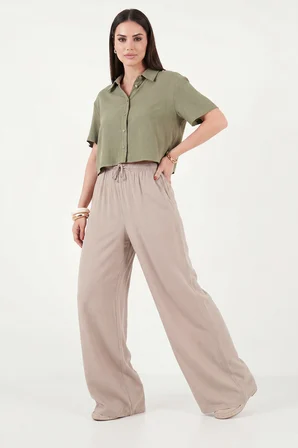 Lela Pamuklu Relaxed Fit Yüksek Bel Geniş Paça Pantolon Bayan PANTOLON 668YP5559 TAŞ