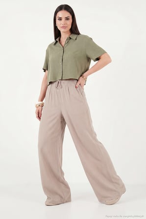 Lela Pamuklu Relaxed Fit Yüksek Bel Geniş Paça Pantolon Bayan PANTOLON 668YP5559 TAŞ