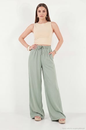 Lela Pamuklu Relaxed Fit Yüksek Bel Geniş Paça Pantolon Bayan PANTOLON 668YP5559 AÇIK HAKİ