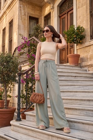 Lela Pamuklu Relaxed Fit Yüksek Bel Geniş Paça Pantolon Bayan PANTOLON 668YP5559 AÇIK HAKİ