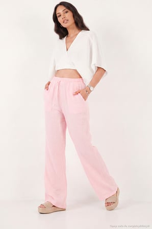 Lela Pamuklu Bağlamalı Relaxed Fit Yüksek Bel Geniş Paça Müslin Pantolon Bayan PANTOLON 5866663 PEMBE