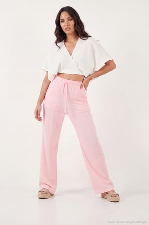 Lela Pamuklu Bağlamalı Relaxed Fit Yüksek Bel Geniş Paça Müslin Pantolon Bayan PANTOLON 5866663 PEMBE