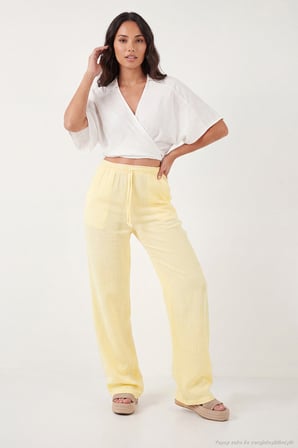 Lela Pamuklu Bağlamalı Relaxed Fit Yüksek Bel Geniş Paça Müslin Pantolon Bayan PANTOLON 5866663 SARI