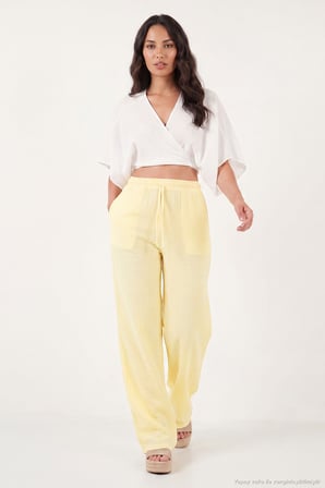 Lela Pamuklu Bağlamalı Relaxed Fit Yüksek Bel Geniş Paça Müslin Pantolon Bayan PANTOLON 5866663 SARI