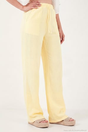 Lela Pamuklu Bağlamalı Relaxed Fit Yüksek Bel Geniş Paça Müslin Pantolon Bayan PANTOLON 5866663 SARI