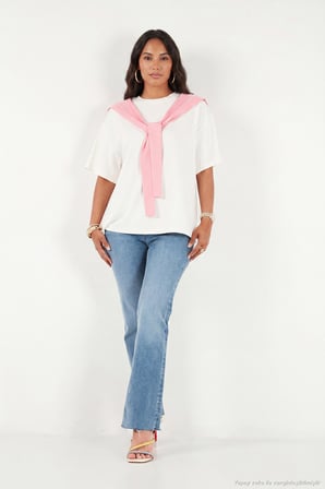 Lela Rahat Kalıp Bisiklet Yaka Omuz Şal Detaylı T Shirt Bayan T SHİRT 5867044 EKRU-PEMBE