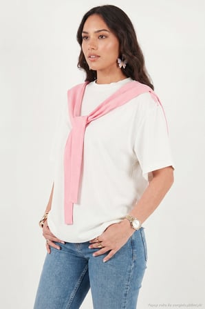Lela Rahat Kalıp Bisiklet Yaka Omuz Şal Detaylı T Shirt Bayan T SHİRT 5867044 EKRU-PEMBE