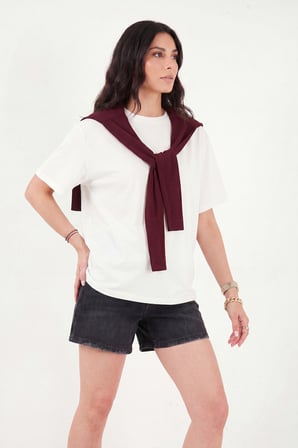 Lela Rahat Kalıp Bisiklet Yaka Omuz Şal Detaylı T Shirt Bayan T SHİRT 5867044 Ekru-Bordo