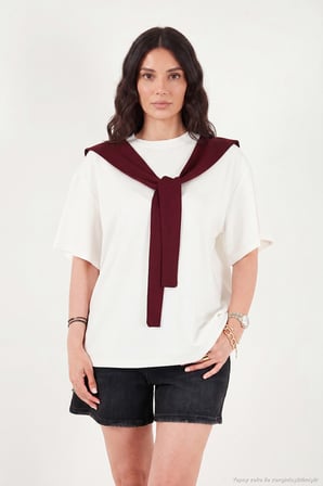 Lela Rahat Kalıp Bisiklet Yaka Omuz Şal Detaylı T Shirt Bayan T SHİRT 5867044 Ekru-Bordo