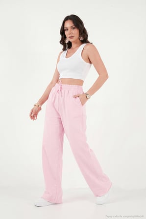 Lela Pamuklu Belden Bağlamalı Yüksek Bel Geniş Paça Cepli Regular Fit Pantolon Bayan PANTOLON 668YP4760 PEMBE