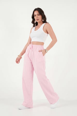 Lela Pamuklu Belden Bağlamalı Yüksek Bel Geniş Paça Cepli Regular Fit Pantolon Bayan PANTOLON 668YP4760 PEMBE