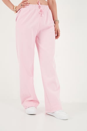 Lela Pamuklu Belden Bağlamalı Yüksek Bel Geniş Paça Cepli Regular Fit Pantolon Bayan PANTOLON 668YP4760 PEMBE