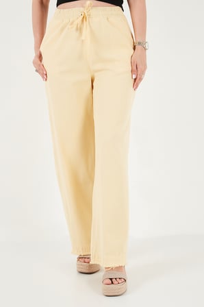 Lela Pamuklu Belden Bağlamalı Yüksek Bel Geniş Paça Cepli Regular Fit Pantolon Bayan PANTOLON 668YP4760 SARI