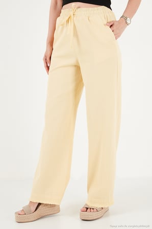 Lela Pamuklu Belden Bağlamalı Yüksek Bel Geniş Paça Cepli Regular Fit Pantolon Bayan PANTOLON 668YP4760 SARI