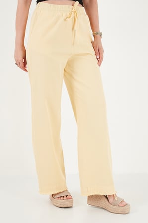 Lela Pamuklu Belden Bağlamalı Yüksek Bel Geniş Paça Cepli Regular Fit Pantolon Bayan PANTOLON 668YP4760 SARI