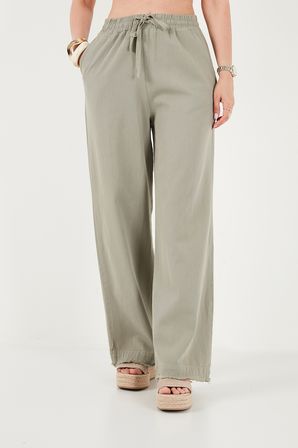 Lela Pamuklu Belden Bağlamalı Yüksek Bel Geniş Paça Cepli Regular Fit Pantolon Bayan PANTOLON 668YP4760 HAKİ