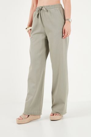 Lela Pamuklu Belden Bağlamalı Yüksek Bel Geniş Paça Cepli Regular Fit Pantolon Bayan PANTOLON 668YP4760 HAKİ