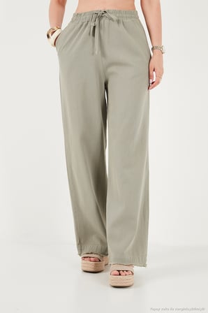 Lela Pamuklu Belden Bağlamalı Yüksek Bel Geniş Paça Cepli Regular Fit Pantolon Bayan PANTOLON 668YP4760 HAKİ