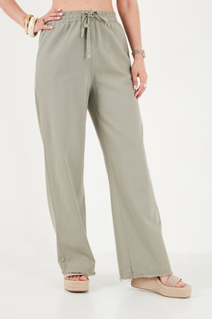 Lela Pamuklu Belden Bağlamalı Yüksek Bel Geniş Paça Cepli Regular Fit Pantolon Bayan PANTOLON 668YP4760 HAKİ