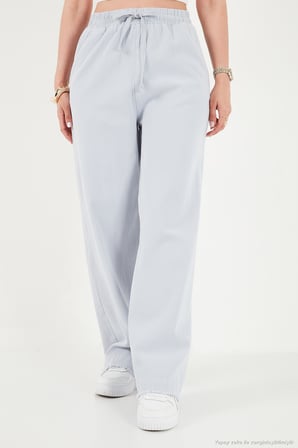 Lela Pamuklu Belden Bağlamalı Yüksek Bel Geniş Paça Cepli Regular Fit Pantolon Bayan PANTOLON 668YP4760 BEBE MAVİ