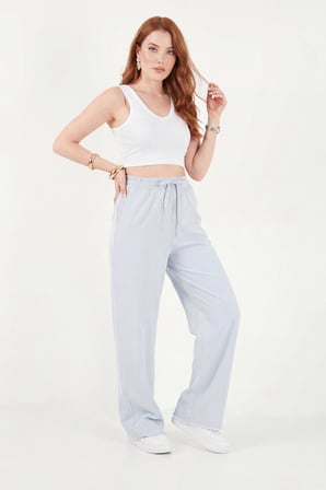 Lela Pamuklu Belden Bağlamalı Yüksek Bel Geniş Paça Cepli Regular Fit Pantolon Bayan PANTOLON 668YP4760 BEBE MAVİ