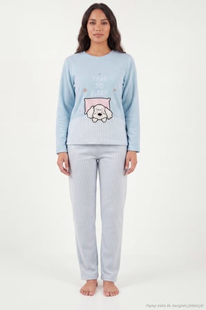 Lela Çizgili Yumuşak Kışlık Polar Pijama Takımı Kadın PİJAMA TAKIMI 6575030 MAVİ