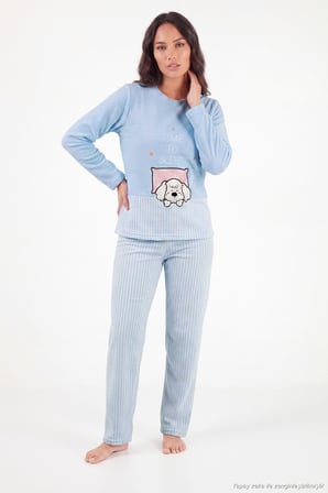 Lela Çizgili Yumuşak Kışlık Polar Pijama Takımı Kadın PİJAMA TAKIMI 6575030 MAVİ