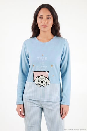 Lela Çizgili Yumuşak Kışlık Polar Pijama Takımı Kadın PİJAMA TAKIMI 6575030 MAVİ