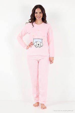 Lela Çizgili Yumuşak Kışlık Polar Pijama Takımı Kadın PİJAMA TAKIMI 6575030 PEMBE