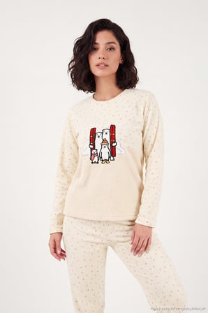 Lela Desenli Yumuşak Dokulu Kışlık Polar Pijama Takımı Kadın PİJAMA TAKIMI 6575031 EKRU