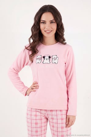 Lela Desenli Yumuşak Dokulu Kışlık Polar Pijama Takımı Kadın PİJAMA TAKIMI 6575031 PEMBE