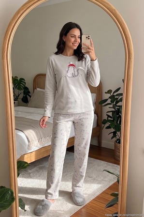 Lela Desenli Yumuşak Dokulu Kışlık Polar Pijama Takımı Kadın PİJAMA TAKIMI 6575031 GRİ