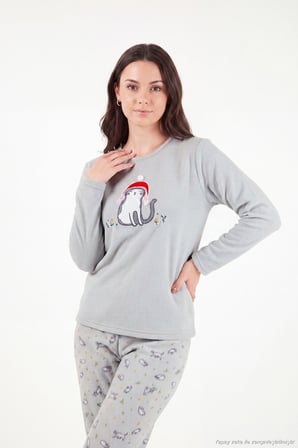 Lela Desenli Yumuşak Dokulu Kışlık Polar Pijama Takımı Kadın PİJAMA TAKIMI 6575031 GRİ