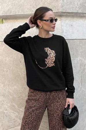 Lela Pamuklu Bisiklet Yaka Şardonlu Sweat Kadın SWEAT 5867116 SİYAH