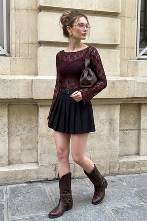 Lela Çiçek Desen Dantelli Kayık Yaka Bluz Kadın BLUZ 5867118 BORDO